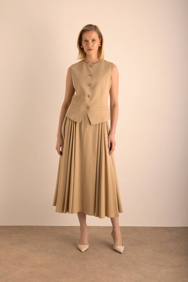 Camel Tencel Evaze Etek - Aker