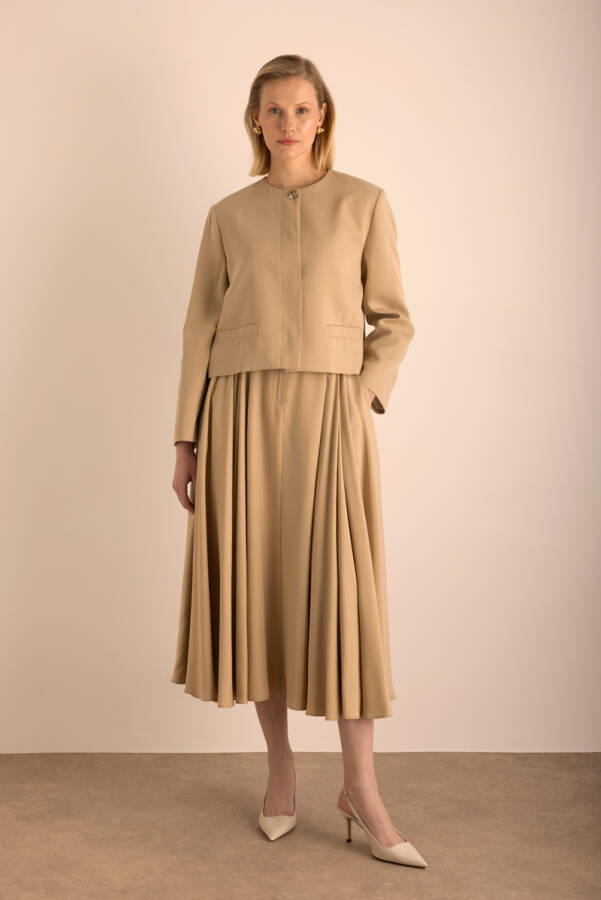 Camel Yakasız Kısa Tencel Ceket - Aker (1)