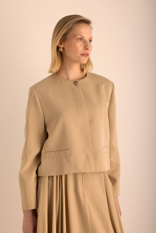Camel Yakasız Kısa Tencel Ceket - 5