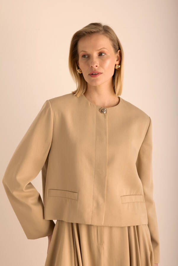 Camel Yakasız Kısa Tencel Ceket - Aker
