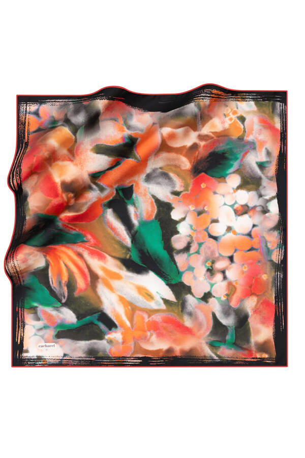 Çiçek Desenli İpek Twill Eşarp - 1