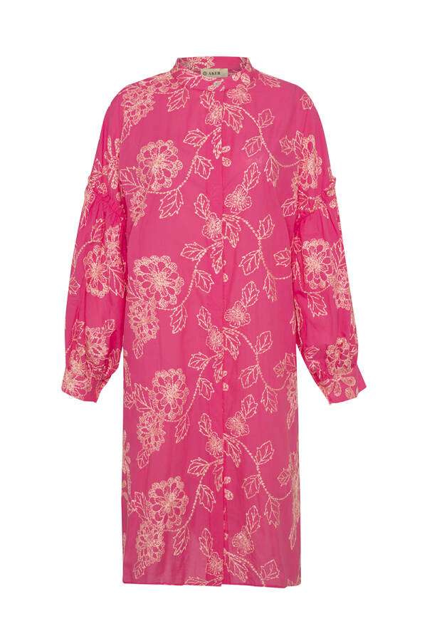 Pembe Çiçek Desenli Hakim Yaka Tunik - 1