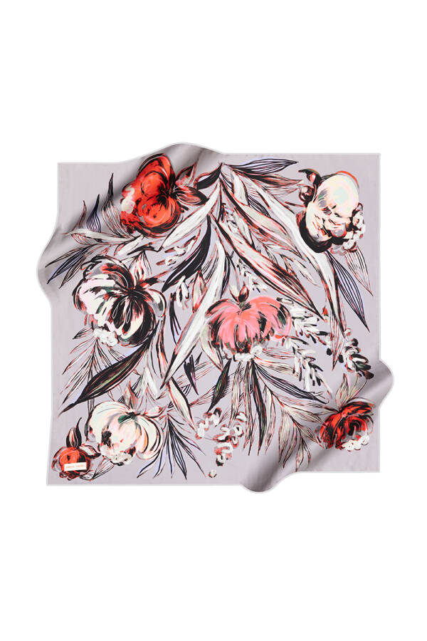 Çiçek Desenli İpek Krep Saten Eşarp - 1