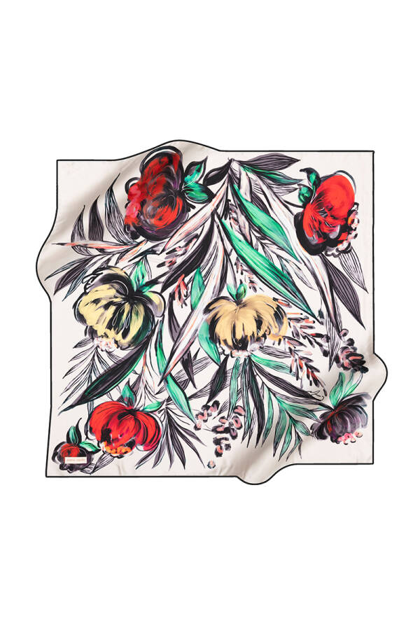 Çiçek Desenli İpek Krep Saten Eşarp - 1