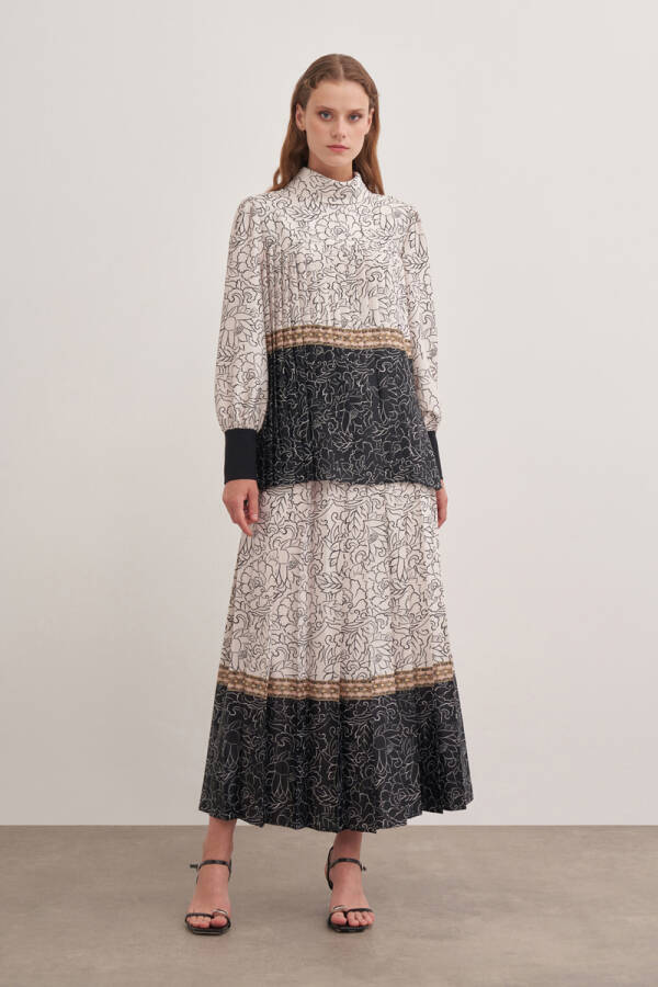 Ekru 1178111 Beli Kemerli Desenli Kumaş Pileli Etek - Aker