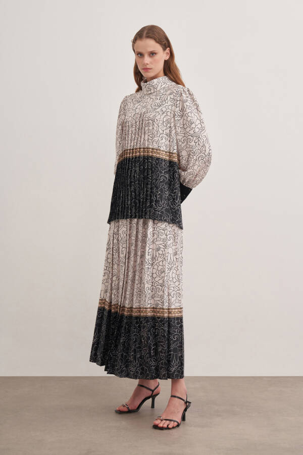 Ekru 1178111 Beli Kemerli Desenli Kumaş Pileli Etek - Aker (1)