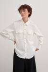 Ekru Apolet Detaylı Gömlek Yaka Saten Bluz - 5