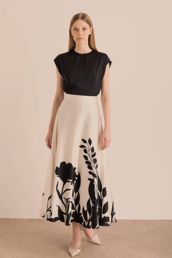 Ekru Desenli Kloş Etek - 1
