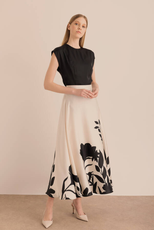 Ekru Desenli Kloş Etek - 2