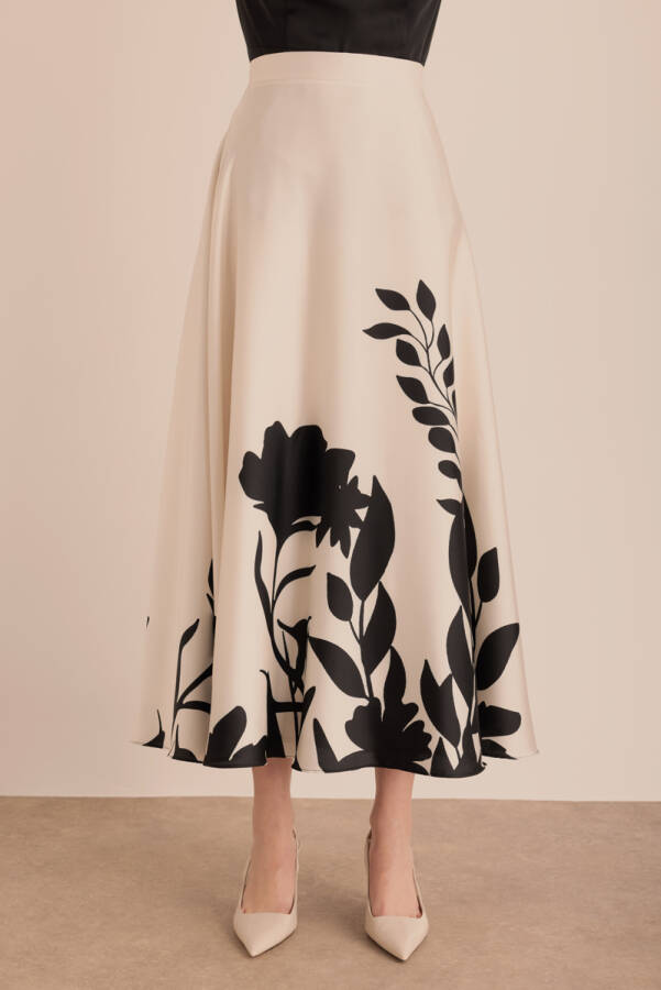 Ekru Desenli Kloş Etek - 4