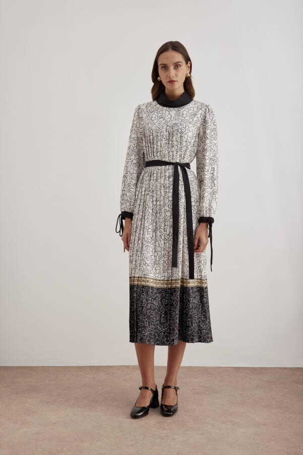 Ekru Belden Kuşaklı Pileli Elbise - Aker