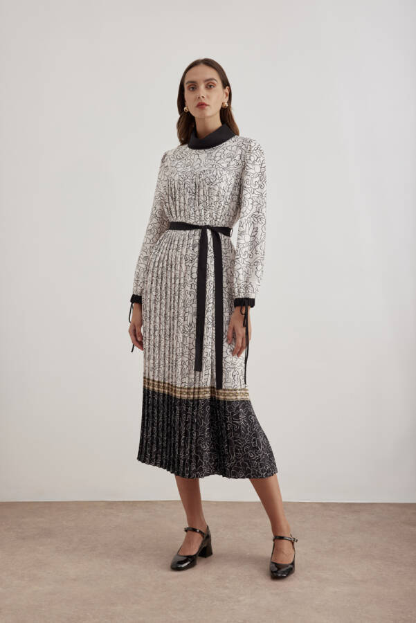 Ekru Belden Kuşaklı Pileli Elbise - Aker (1)