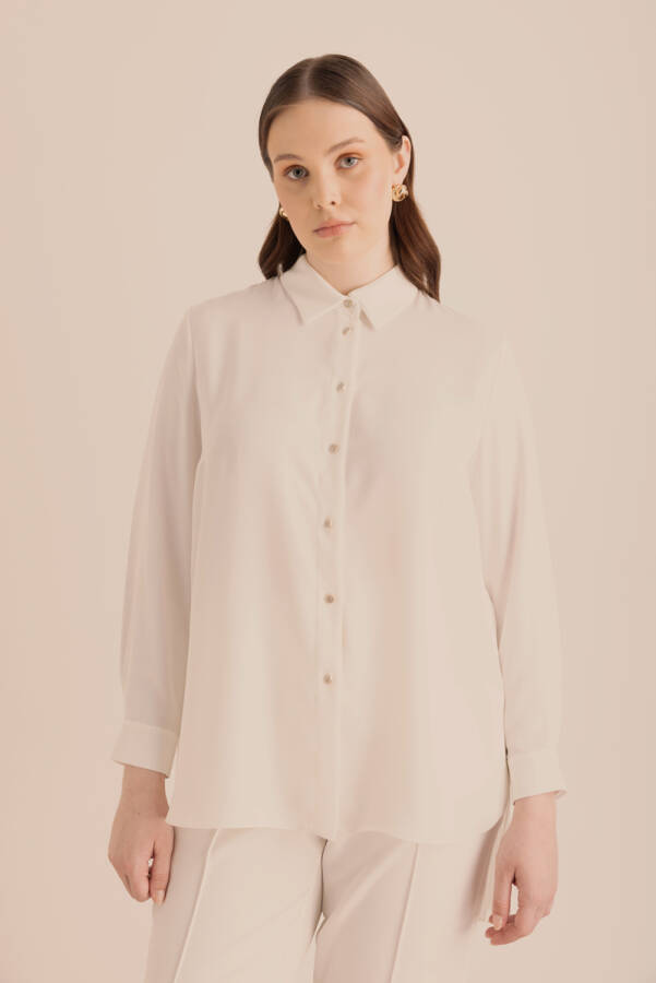 Ekru Arkası Pilise Detaylı Dokuma Tunik - 1