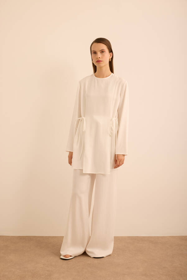 Ekru Bağlama Detaylı Beli Lastikli Tencel Tweenset - Aker