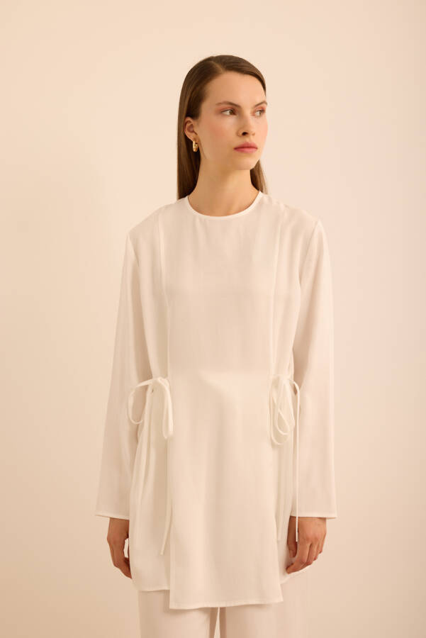 Ekru Bağlama Detaylı Beli Lastikli Tencel Tweenset - 4