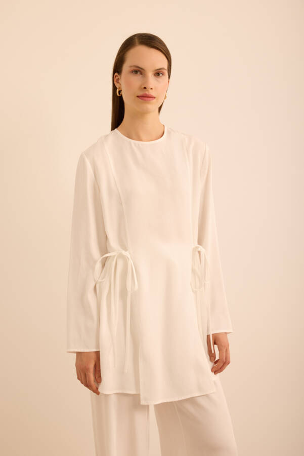 Ekru Bağlama Detaylı Beli Lastikli Tencel Tweenset - 3