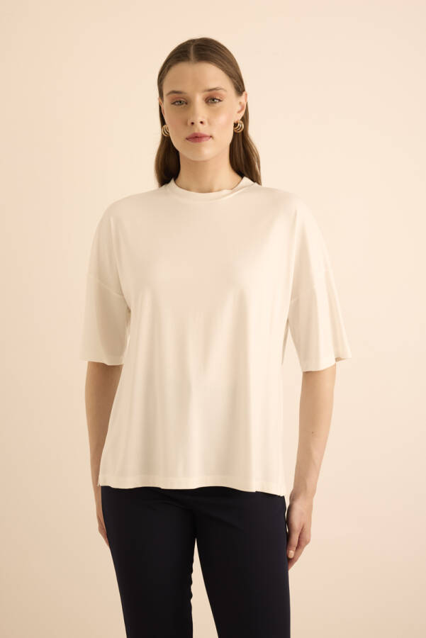 Ekru Basic Rayon T-Shırt - 4