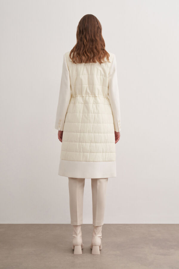 Ekru Belden Büzgülü Düğme Detaylı Mont - 6