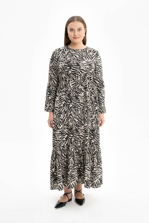 Ekru Belden Kuşaklı Desenli Elbise - 1