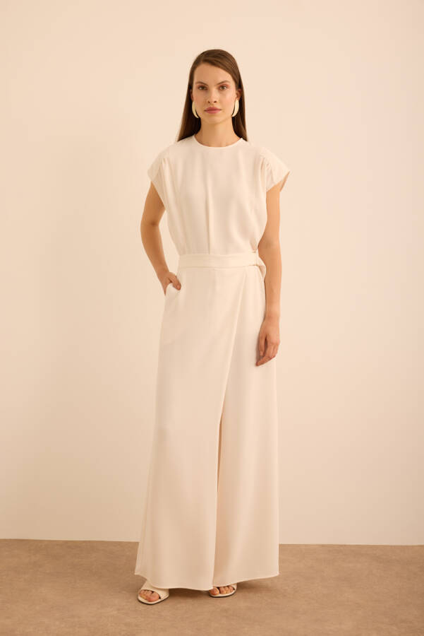 Ekru Belden Metal Toka Bağlama Detaylı Dokuma Pantolon - Aker