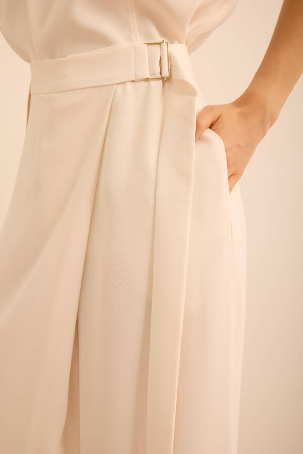 Ekru Belden Metal Toka Bağlama Detaylı Dokuma Pantolon - 5