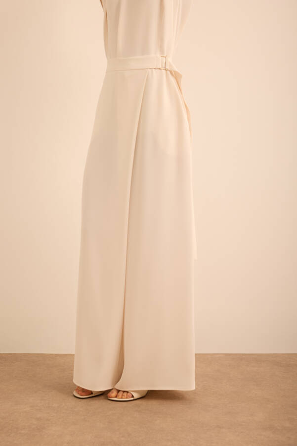 Ekru Belden Metal Toka Bağlama Detaylı Dokuma Pantolon - 3