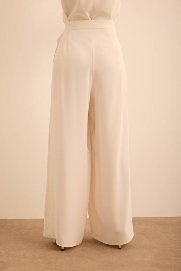 Ekru Belden Metal Toka Bağlama Detaylı Dokuma Pantolon - 6