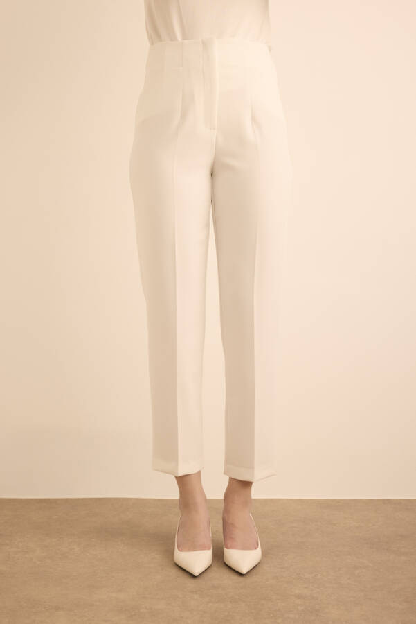 Ekru Beli Lastik Detaylı Krep Pantolon - 2