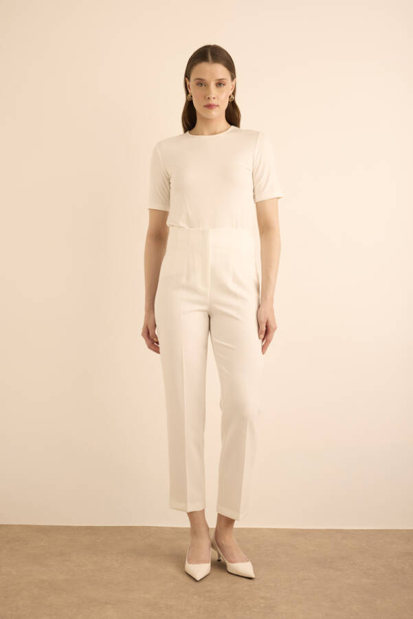 Ekru Beli Lastik Detaylı Krep Pantolon - Aker