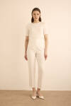Ekru Beli Lastik Detaylı Krep Pantolon 