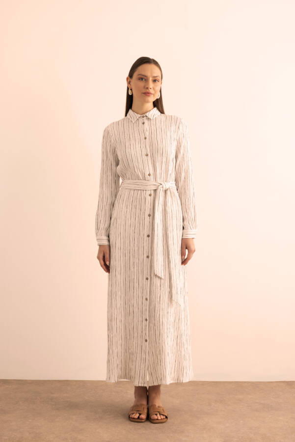 Ekru Bürümcük İp Dokulu , Viscon Keten Gömlek Elbise - Aker