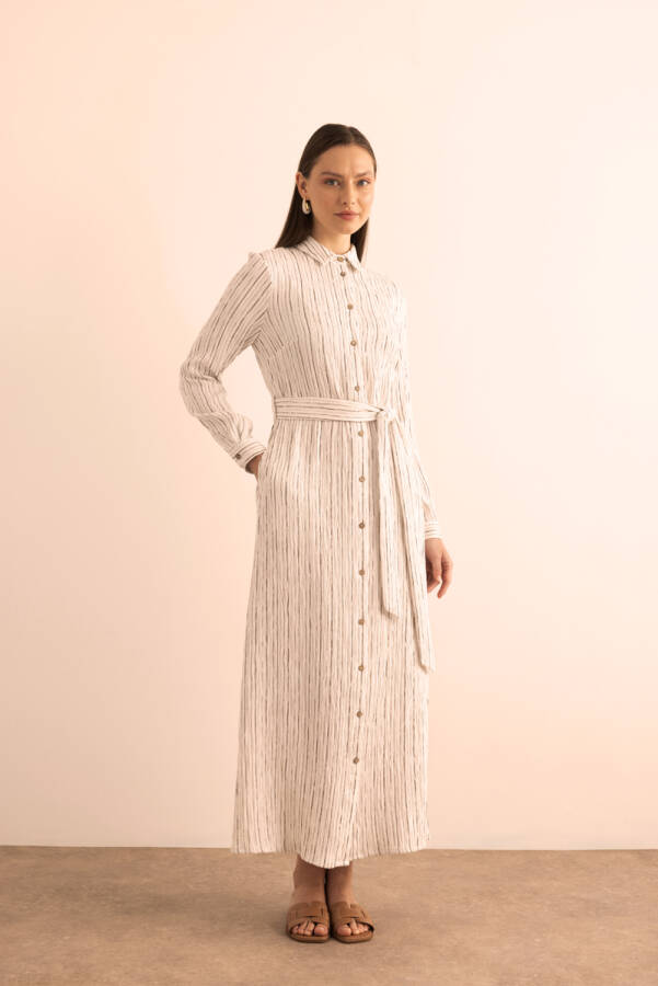 Ekru Bürümcük İp Dokulu , Viscon Keten Gömlek Elbise - Aker (1)