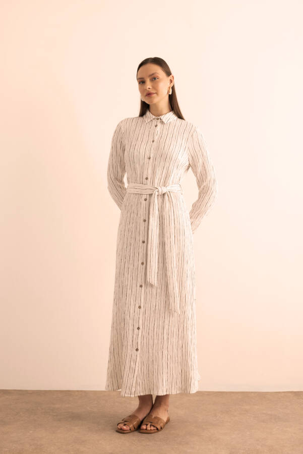 Ekru Bürümcük İp Dokulu , Viscon Keten Gömlek Elbise - 2