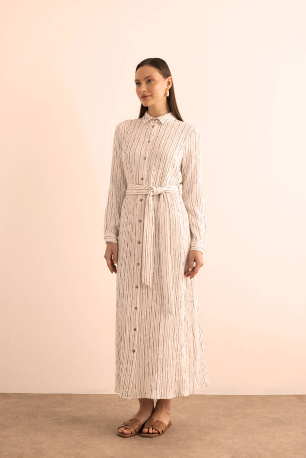 Ekru Bürümcük İp Dokulu , Viscon Keten Gömlek Elbise - 3