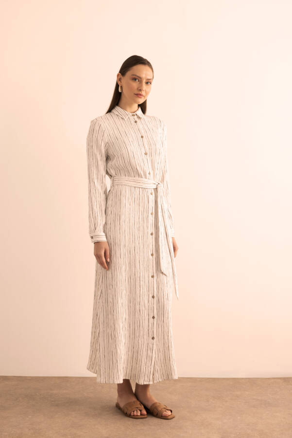 Ekru Bürümcük İp Dokulu , Viscon Keten Gömlek Elbise - 5