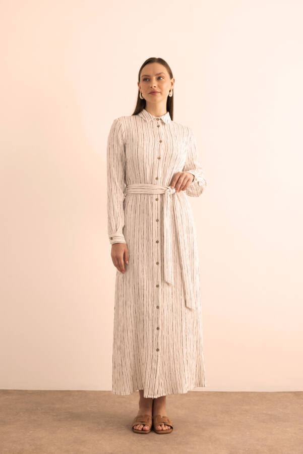 Ekru Bürümcük İp Dokulu , Viscon Keten Gömlek Elbise - 5