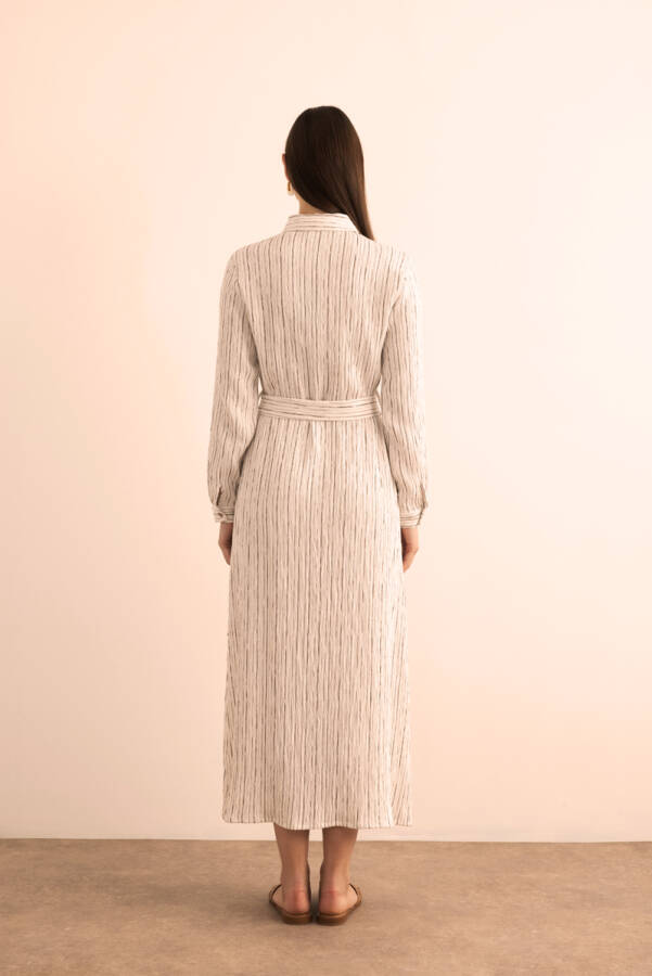 Ekru Bürümcük İp Dokulu , Viscon Keten Gömlek Elbise - 7