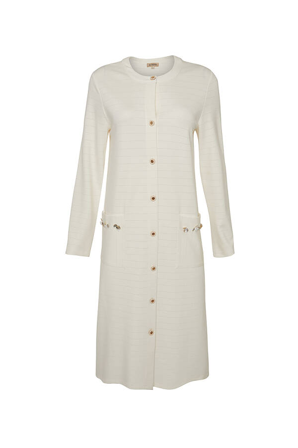 Ekru Cepleri İşleme Detaylı Örme Uzun Hırka - Aker