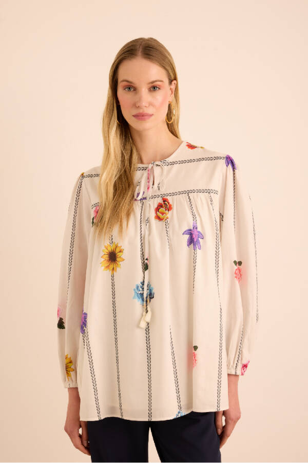 Ekru Çicek Desenli Cotton Bluz - 1