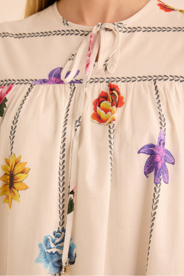 Ekru Çicek Desenli Cotton Bluz - 3