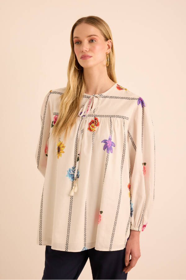 Ekru Çicek Desenli Cotton Bluz - 2