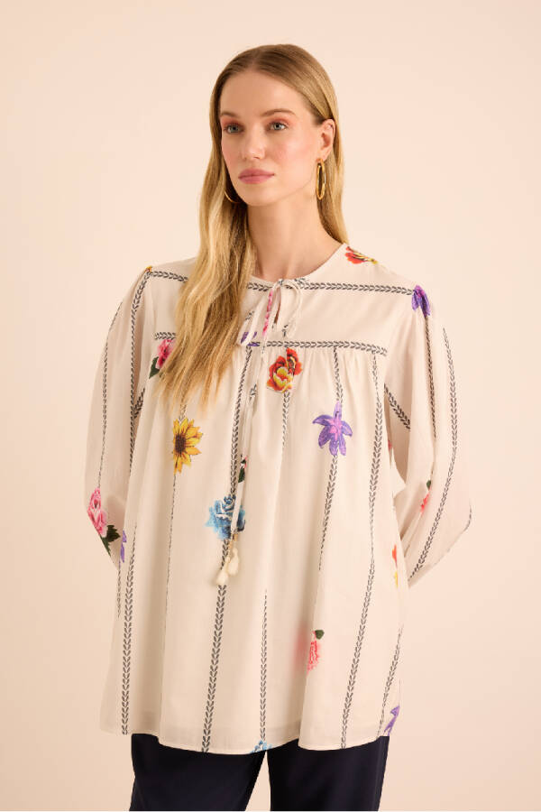 Ekru Çicek Desenli Cotton Bluz - 4