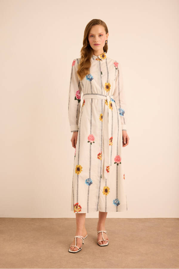 Ekru Çicek Desenli Cotton Gömlek Elbise - 3