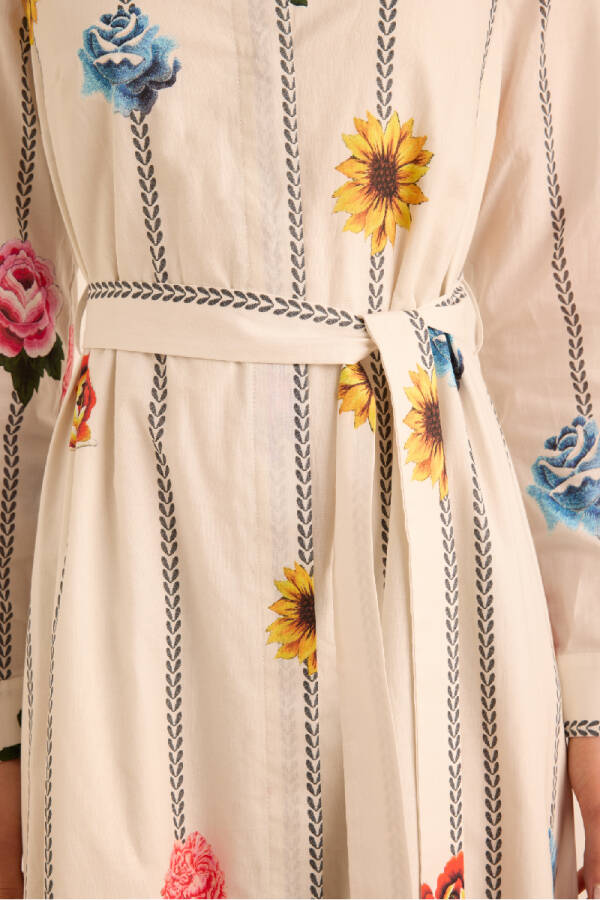 Ekru Çicek Desenli Cotton Gömlek Elbise - 4