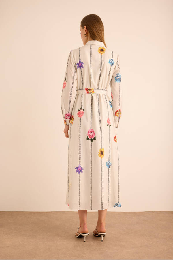 Ekru Çicek Desenli Cotton Gömlek Elbise - 6