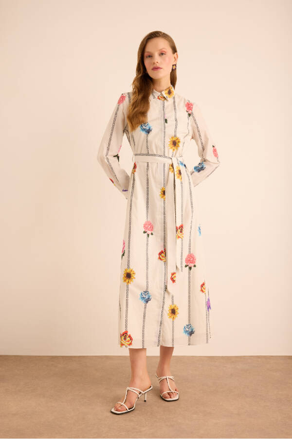 Ekru Çicek Desenli Cotton Gömlek Elbise - Aker (1)