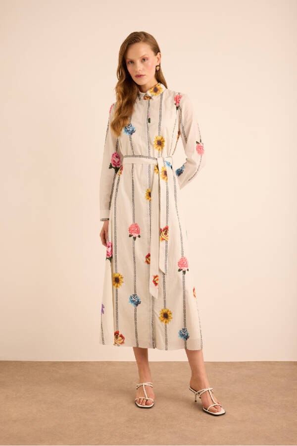 Ekru Çicek Desenli Cotton Gömlek Elbise - 5