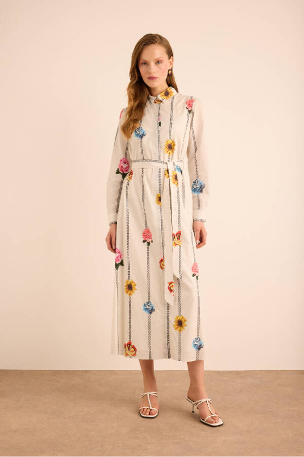 Ekru Çicek Desenli Cotton Gömlek Elbise - Aker