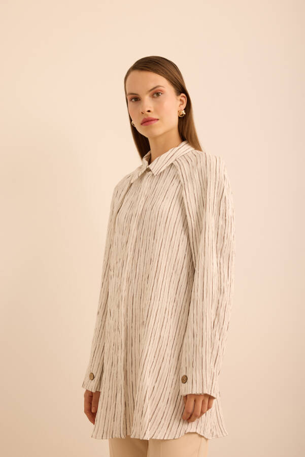 Ekru Çizgili Kolları Pelerin Parça Detaylı Viscon Tunik - 4