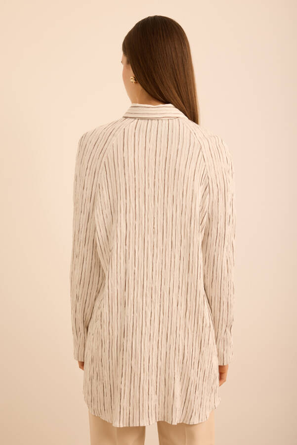 Ekru Çizgili Kolları Pelerin Parça Detaylı Viscon Tunik - 5